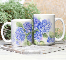 Load image into Gallery viewer, Hydrangea Mug Hydrangeas Watercolor Coffee Mug Hydrangeas latte mug camp mug metal campercup blue flower decor hydrangeas art hydrangea - Leigh Barry Watercolors
