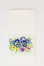 Load image into Gallery viewer, Pansies Tea Towel, pansies kitchen towels, pansy art pansies painting cottage decor floral tea towels gift for mom cottage tea towels - Leigh Barry Watercolors
