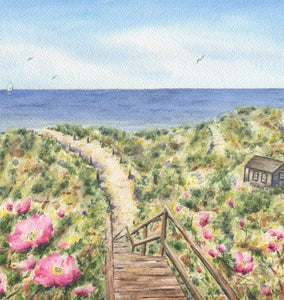 Steps Beach, Nantucket Watercolor Painting Prints or Original Painting, Nantucket Beach Art Print, Coastal home decor beach decor giclee print archival framed art floral beach pink green