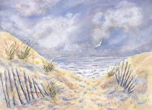 "Stormy Sky" Beach Painting, Ocean Painting,  stormy beach watercolor print,Leigh Barry Watercolors seashore print framed art bike painting