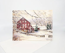 Load image into Gallery viewer, First Snow, Red Barn Notecards, Winter Snow scene, thank you notes, greeting cards, winter barn landscape watercolor notecards, snow landscape card
