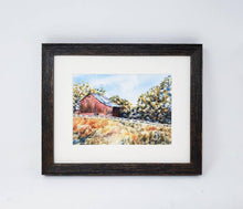 Load image into Gallery viewer, Fallston: Red barn painting, watercolor painting, country scene, framed art, autumn print, landscape wall decor, barn print Leigh Barry
