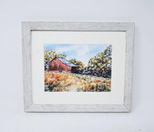 Load image into Gallery viewer, Fallston: Red barn painting, watercolor painting, country scene, framed art, autumn print, landscape wall decor, barn print Leigh Barry
