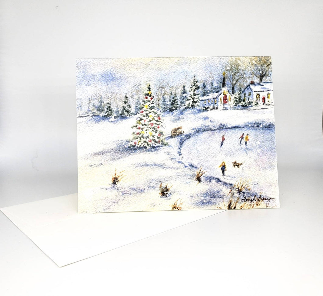Winter Skating Notecards, Winter Snow scene, Ice Skating thank you notes, greeting cards, landscape watercolor notecards, snow painting art