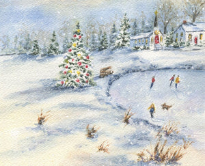 Winter Skating Notecards, Winter Snow scene, Ice Skating thank you notes, greeting cards, landscape watercolor notecards, snow painting art