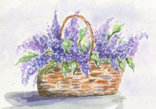 Load image into Gallery viewer, Basket of Lilacs original watercolor painting purple floral print framed wall decor wedding gift bathroom - Leigh Barry Watercolors
