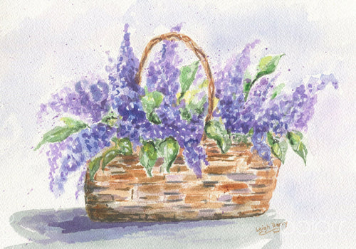 Basket of Lilacs original watercolor painting purple floral print framed wall decor wedding gift bathroom - Leigh Barry Watercolors