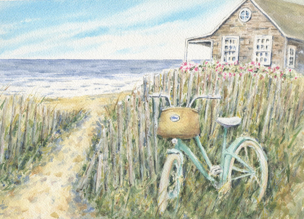 Beach Day , Bicycle At Beach Decor, Beach Print, Ocean Print, Cape Cod Watercolor print or original art,Leigh Barry framed art wall decor summer art, relaxing beach print