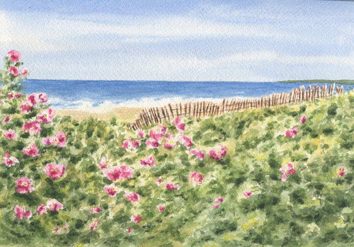 Beach Roses: watercolor painting roses ocean seaside home decor beach decor giclee print archival framed art floral beach pink green - Leigh Barry Watercolors