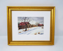 Load image into Gallery viewer, Gray Skies: Winter landscape painting snowy barn painting watercolor barn art farmhouse wall decor framed barn painting winter art print - Leigh Barry Watercolors
