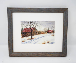 Gray Skies: Winter landscape painting snowy barn painting watercolor barn art farmhouse wall decor framed barn painting winter art print - Leigh Barry Watercolors