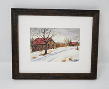 Load image into Gallery viewer, Gray Skies: Winter landscape painting snowy barn painting watercolor barn art farmhouse wall decor framed barn painting winter art print - Leigh Barry Watercolors
