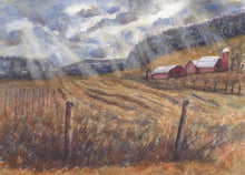 Load image into Gallery viewer, After The Harvest: Fall harvest barn watercolor red barn fall watercolor sunlight painting harvest painting framed art red barn painting art - Leigh Barry Watercolors
