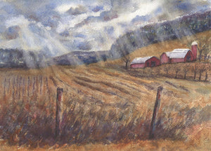 After The Harvest: Fall harvest barn watercolor red barn fall watercolor sunlight painting harvest painting framed art red barn painting art - Leigh Barry Watercolors