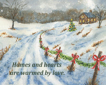 Load image into Gallery viewer, Homes And Hearts: Christmas Art Print Christmas Wall Art Christmas Decor Winter Art Painting Snowy night Inspirational saying framed print - Leigh Barry Watercolors

