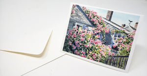 Nantucket notecards Rose Covered Cottage watercolor Cape Cod  Sconset Nantucket roses greeting cards thank you notes art blank notecards - Leigh Barry Watercolors