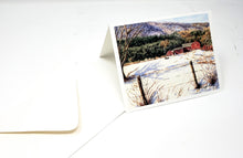 Load image into Gallery viewer, Vermont Farm Barn Notecards New England Winter Snow scene thank you notes greeting cards mountain landscape watercolor notecards rural - Leigh Barry Watercolors
