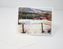 Load image into Gallery viewer, Vermont Farm Barn Notecards New England Winter Snow scene thank you notes greeting cards mountain landscape watercolor notecards rural - Leigh Barry Watercolors
