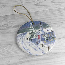 Load image into Gallery viewer, Winter Scene Christmas Ornanament ceramic ornaments Church snow painting Christmas art Winter painting - Leigh Barry Watercolors
