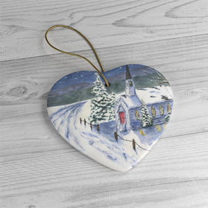 Winter Scene Christmas Ornanament ceramic ornaments Church snow painting Christmas art Winter painting - Leigh Barry Watercolors