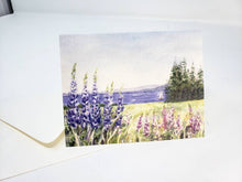 Load image into Gallery viewer, Maine Lupine Notecards Maine notecards Maine gift Maine painting lupine art seaside art ocean painting blank cards lupine flowers painting - Leigh Barry Watercolors
