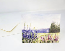 Load image into Gallery viewer, Maine Lupine Notecards Maine notecards Maine gift Maine painting lupine art seaside art ocean painting blank cards lupine flowers painting - Leigh Barry Watercolors
