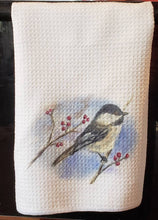 Load image into Gallery viewer, Chickadee Tea Towel Bird towels Maine Gift Bird Gift Bird Kitchen decor Chickadee Painting bird Painting Bird Watercolor kitchen towels - Leigh Barry Watercolors
