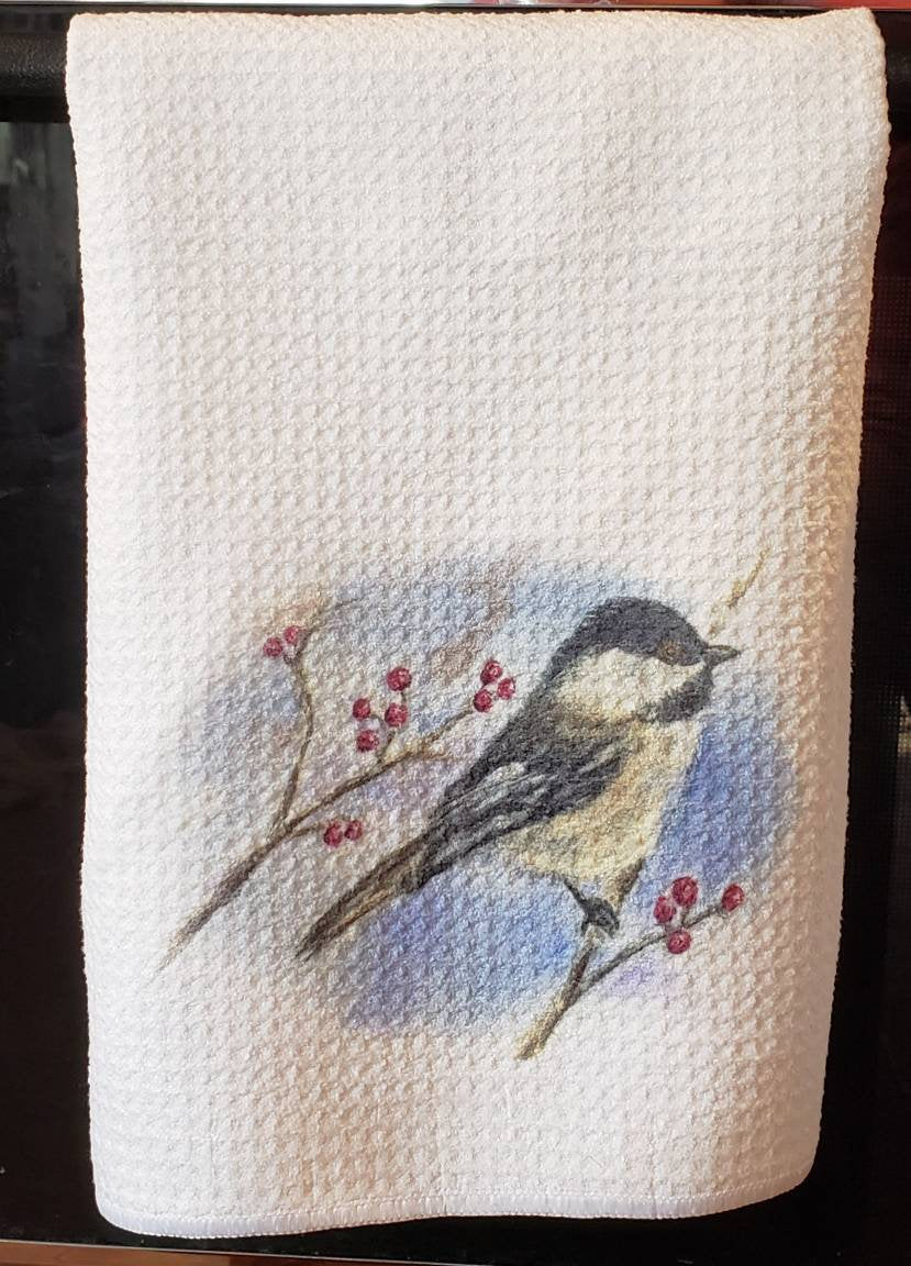 Chickadee Tea Towel Bird towels Maine Gift Bird Gift Bird Kitchen decor Chickadee Painting bird Painting Bird Watercolor kitchen towels - Leigh Barry Watercolors