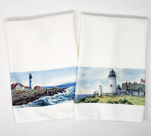 Pemaquid Light Tea Towel Pemaquid Point Maine Painting Maine gift Maine Home Decor Lighthouse decor gift Pemaquid Lighthouse painting art - Leigh Barry Watercolors