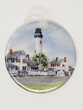Load image into Gallery viewer, Fenwick Island Lighthouse Christmas Ornament Ceramic  lighthouse gift Christmas tree ornament beach ornament Fenwick island Delaware gift - Leigh Barry Watercolors
