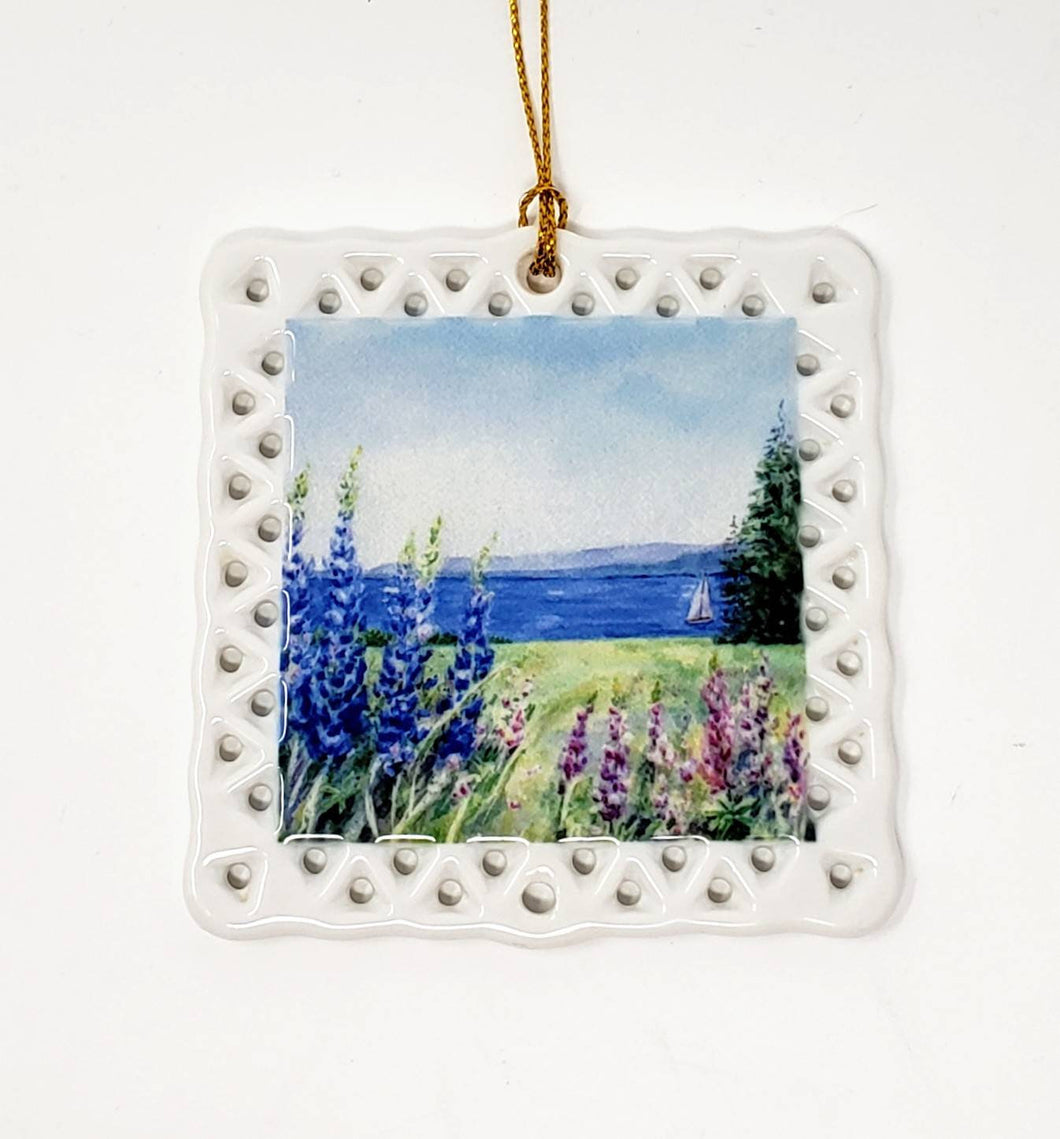 Lupine Ornament, Maine Christmas Ornament Ceramic Ornament Maine Painting Maine coastal painting lupine floral art seaside art - Leigh Barry Watercolors