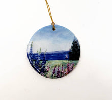 Load image into Gallery viewer, Lupine Ornament, Maine Christmas Ornament Ceramic Ornament Maine Painting Maine coastal painting lupine floral art seaside art - Leigh Barry Watercolors
