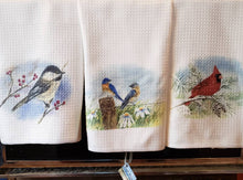 Load image into Gallery viewer, Chickadee Tea Towel Bird towels Maine Gift Bird Gift Bird Kitchen decor Chickadee Painting bird Painting Bird Watercolor kitchen towels - Leigh Barry Watercolors
