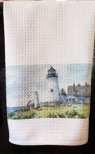 Load image into Gallery viewer, Pemaquid Light Tea Towel Pemaquid Point Maine Painting Maine gift Maine Home Decor Lighthouse decor gift Pemaquid Lighthouse painting art - Leigh Barry Watercolors
