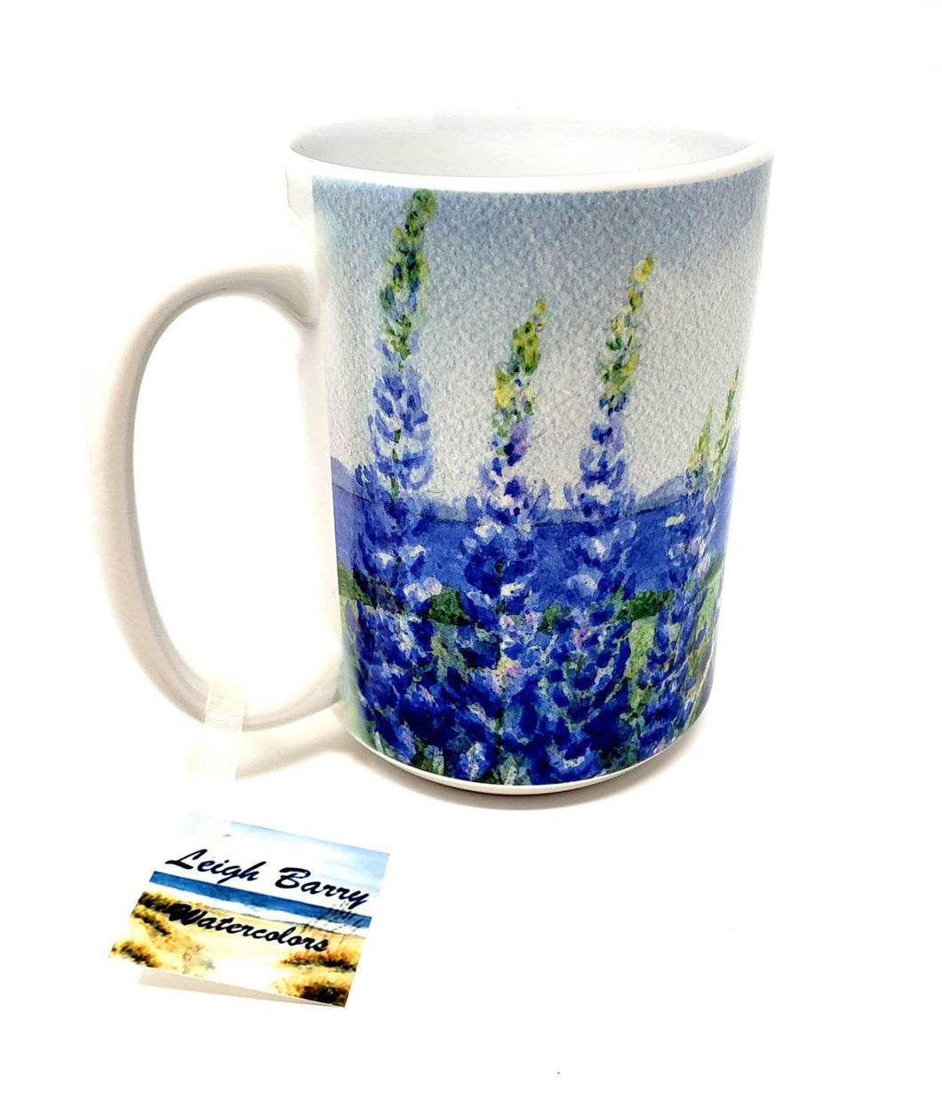 Lupine And The Sea Coffee Mugs Lupine Mug Latte mug Camp Mug Maine gift Maine art lupine art lupine painting seaside painting ocean art - Leigh Barry Watercolors