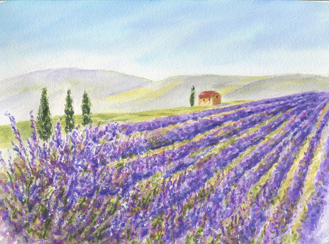 Lavender Field: original lavender painting watercolor lavender print Provence France landscape painting landscape painting print purple art - Leigh Barry Watercolors