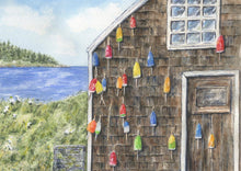 Load image into Gallery viewer, Lobster Shack, Lobster Bouys, Maine painting, original or print, watercolor painting, Maine art watercolor Maine painting seaside landscape
