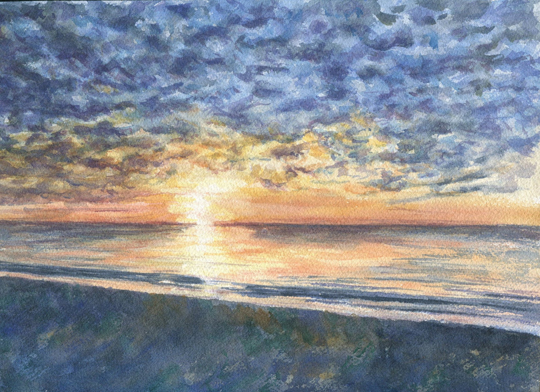 Mackerel Sky: Sunrise Watercolor Print Giclee watercolor ocean painting ocean beach print beach wall decor coastal wall art seascape - Leigh Barry Watercolors
