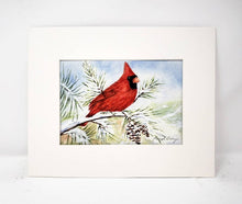 Load image into Gallery viewer, Red Cardinal watercolor painting red cardinal print framed art print Christmas art snow painting framed wall print red bird print bird art - Leigh Barry Watercolors

