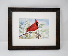 Load image into Gallery viewer, Red Cardinal watercolor painting red cardinal print framed art print Christmas art snow painting framed wall print red bird print bird art - Leigh Barry Watercolors
