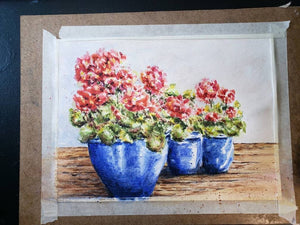 Red Geraniums / original watercolor print / kitchen wall art/ bathroom wall art / great wedding or settlement gift - Leigh Barry Watercolors