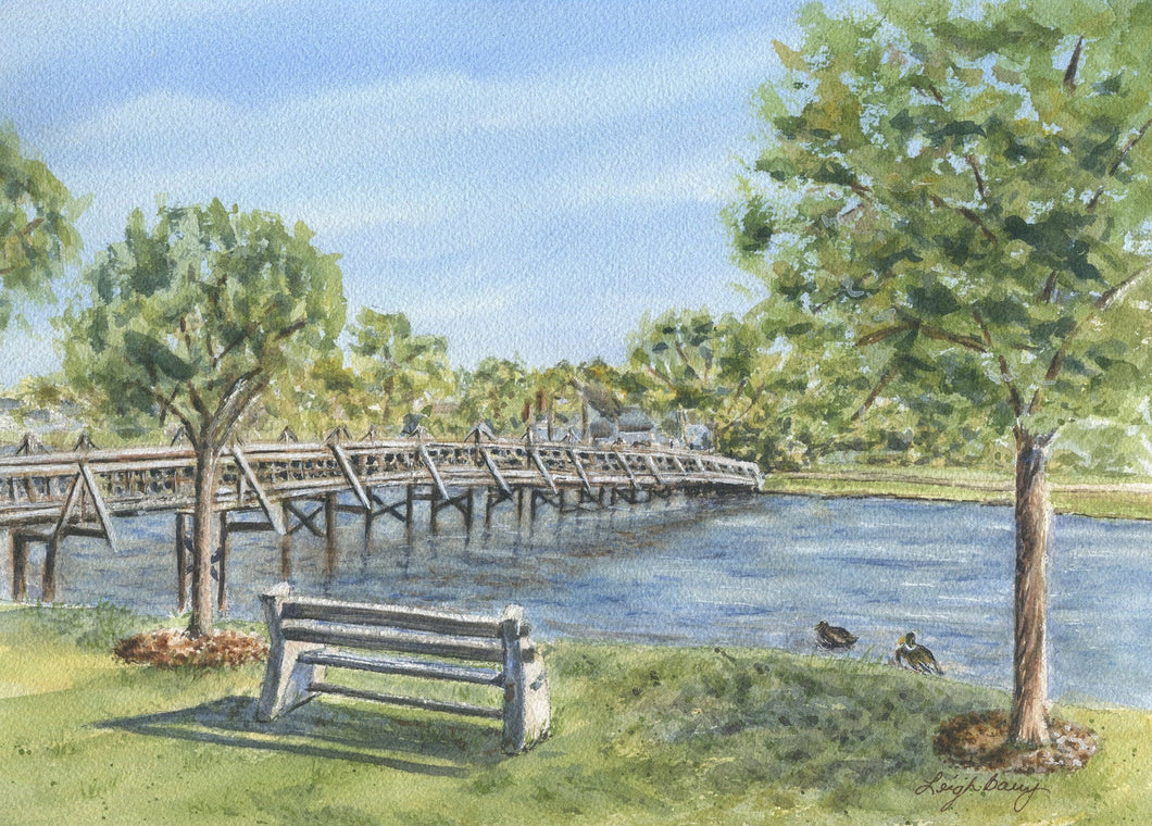 Spring Lake New Jersey original watercolor print framed wall art great wedding gift lake and bridge landscape painting - Leigh Barry Watercolors