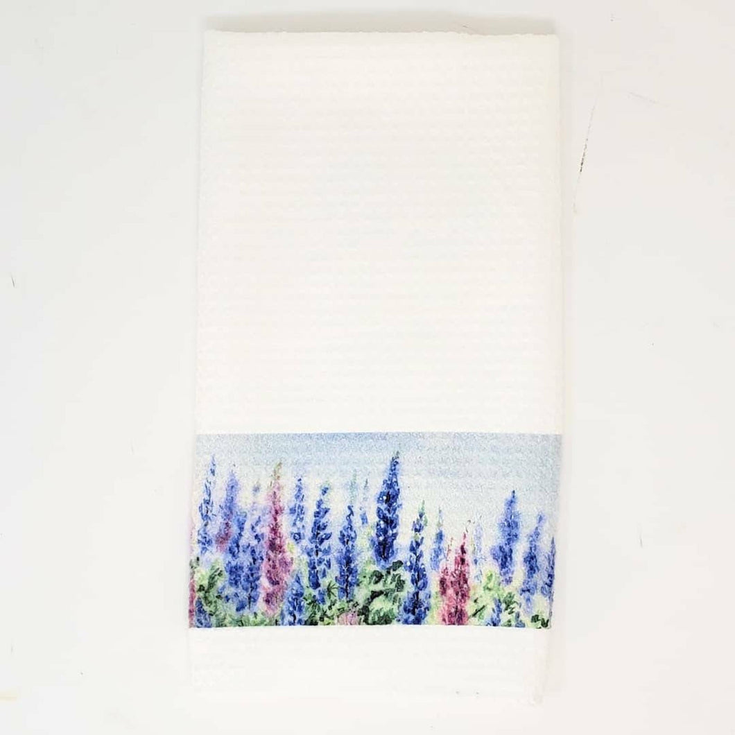 Lupine tea towels, Maine tea towels, Lupine kitchen towels, lupine kitchen decor, Maine gift, lupine watercolor gift, Maine decor cottage - Leigh Barry Watercolors