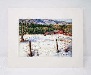 Vermont Farm barn painting New England winter snow scene painting Leigh Barry Watercolors Vermont art print mountain landscape painting - Leigh Barry Watercolors