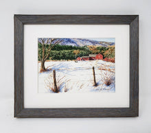 Load image into Gallery viewer, Vermont Farm barn painting New England winter snow scene painting Leigh Barry Watercolors Vermont art print mountain landscape painting - Leigh Barry Watercolors

