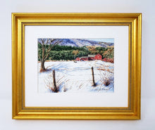 Load image into Gallery viewer, Vermont Farm barn painting New England winter snow scene painting Leigh Barry Watercolors Vermont art print mountain landscape painting - Leigh Barry Watercolors
